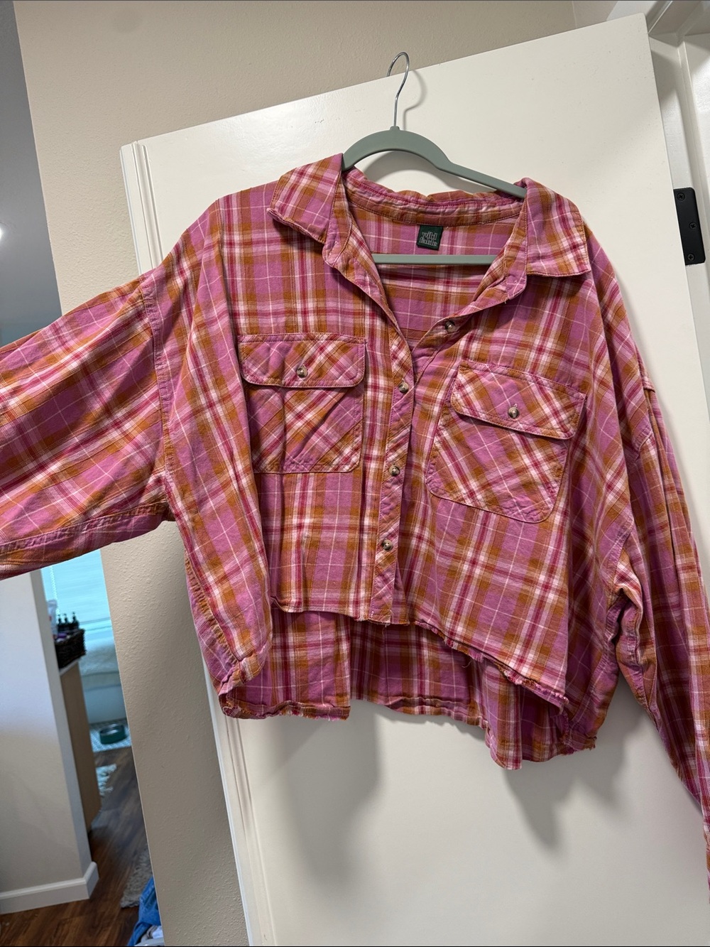 Pink Plaid Cropped Button-Front Shirt Top